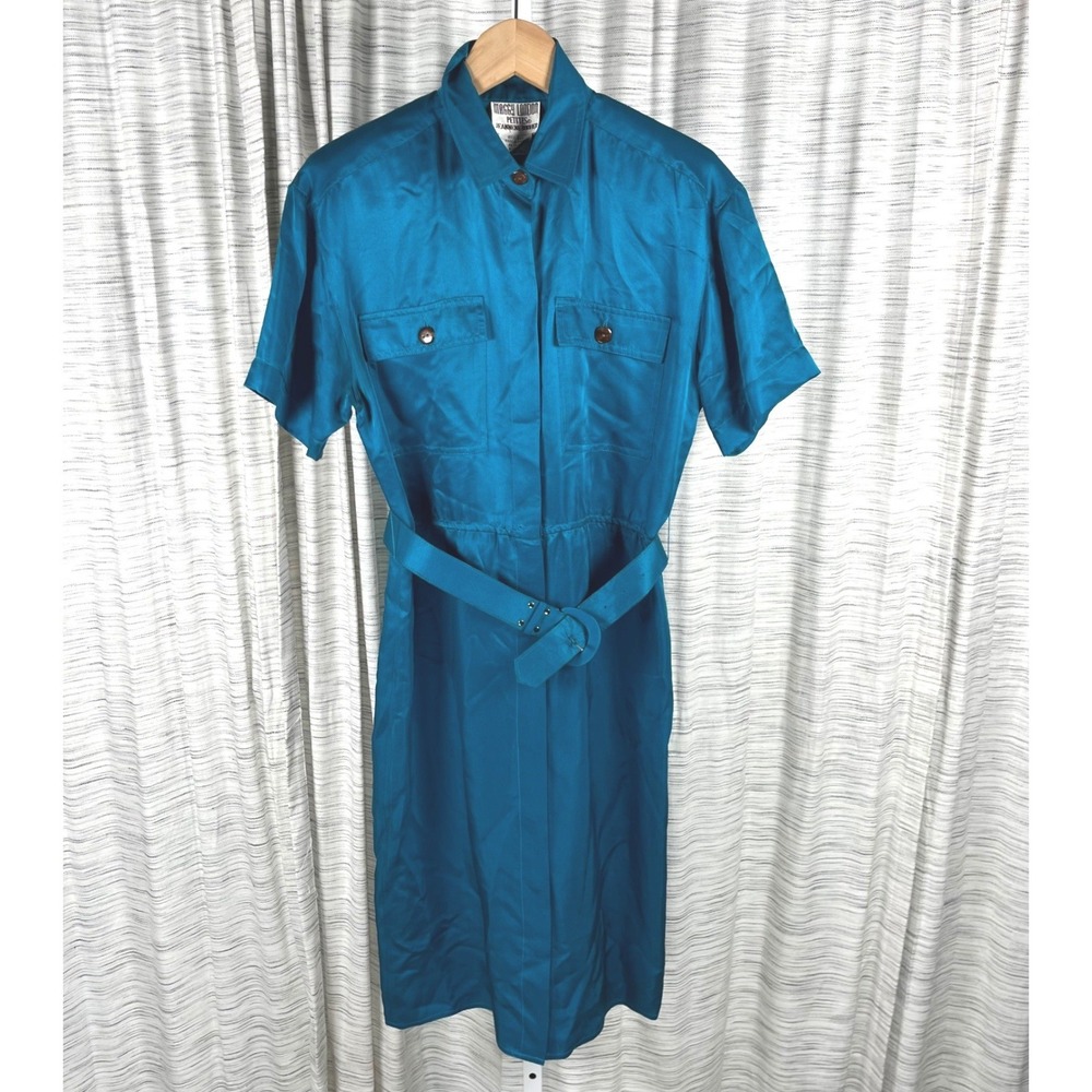Maggy London Petites Silk Shirt Dress Teal Blue Belted‎ Short Sleeve Vintage 8P